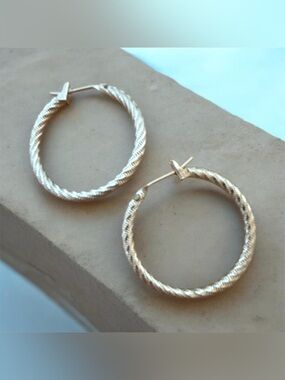 Vintage Monet Silver-Tone Diamond-Cut Twisted Hoop Earrings (lightweight)